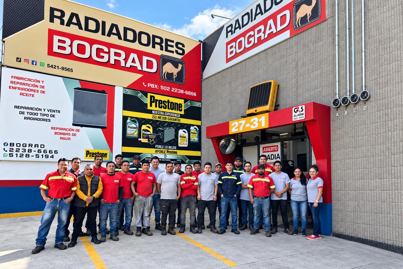 Equipo completo de Radiadores Bograd frente a la sucursal de zona 12